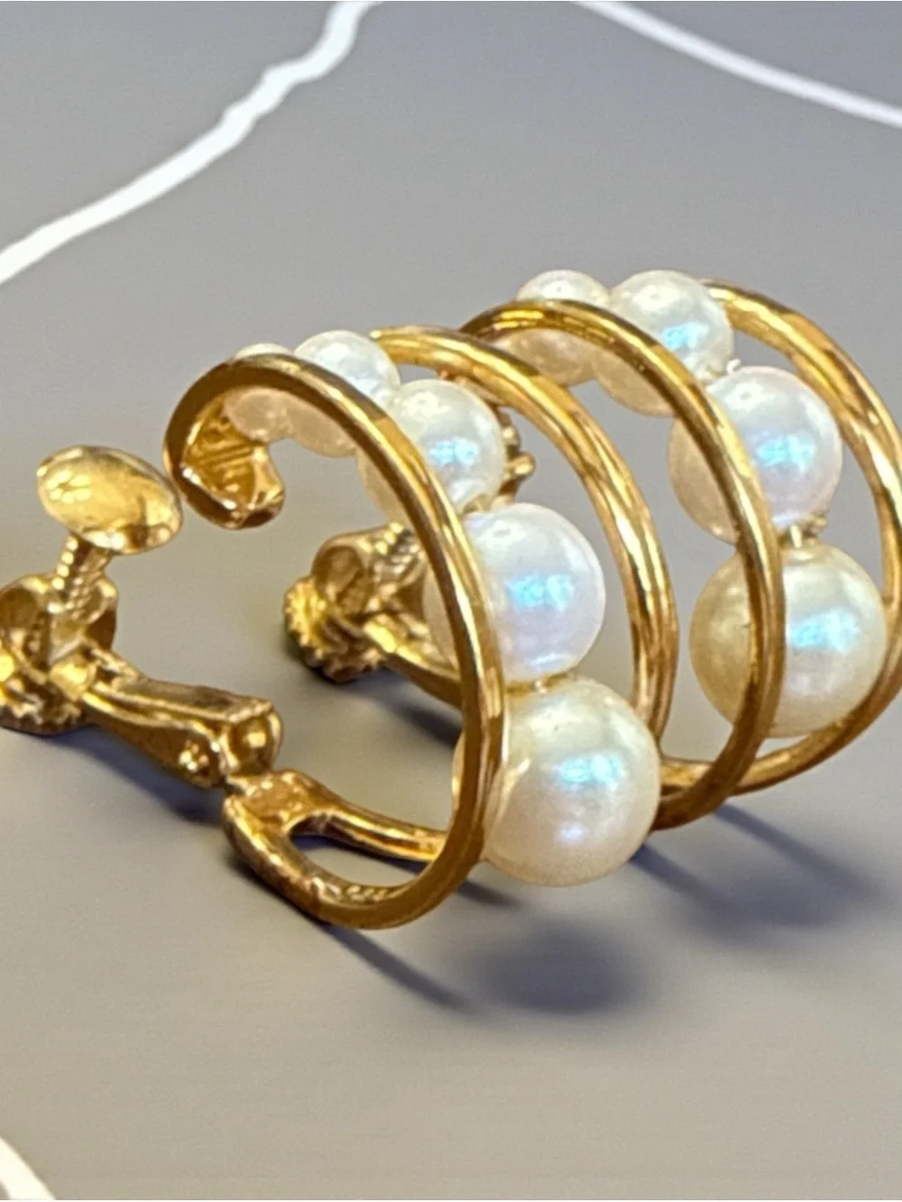 Vintage Signed Napier Gold-Tone Caged Faux Pearl Clip-On / Screw-Back Earrings